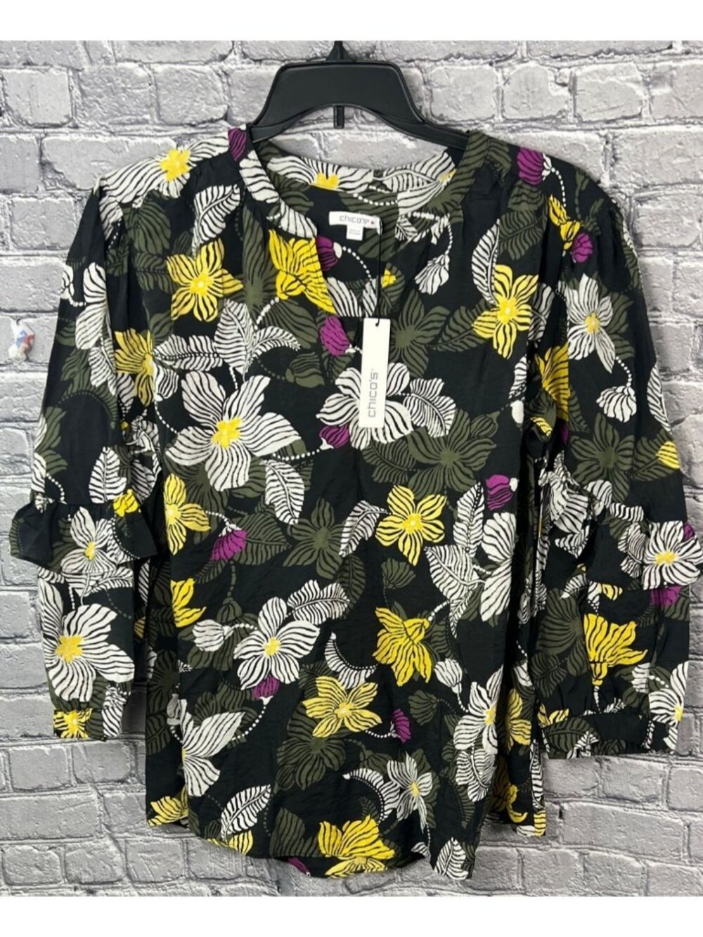 NWT Chico's Size (XXL) 4 Botanical Zebra Blouse 3/4‎ Sleeve Olive Ruffles